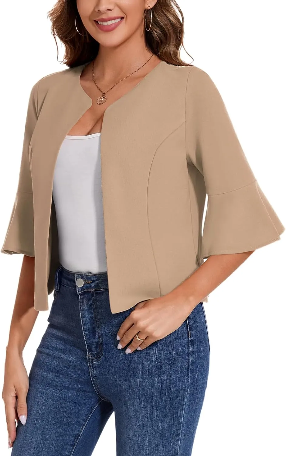MINTLIMIT Cropped Blazer for Women Casual Elegant Open Front Blazer Flared 3/4 Sleeve Tailored Cardigan Suit Jacket