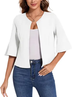 MINTLIMIT Cropped Blazer for Women Casual Elegant Open Front Blazer Flared 3/4 Sleeve Tailored Cardigan Suit Jacket