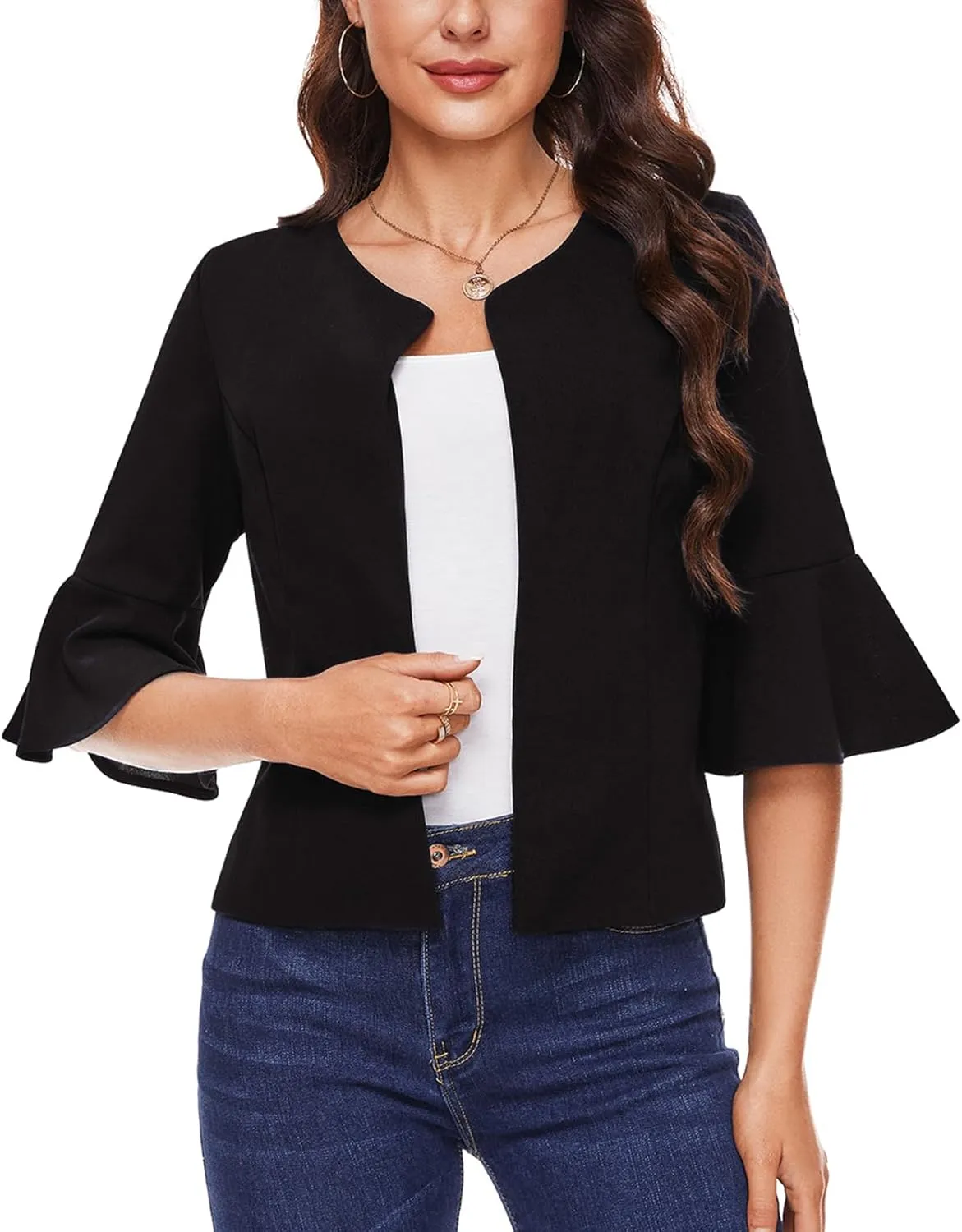 MINTLIMIT Cropped Blazer for Women Casual Elegant Open Front Blazer Flared 3/4 Sleeve Tailored Cardigan Suit Jacket