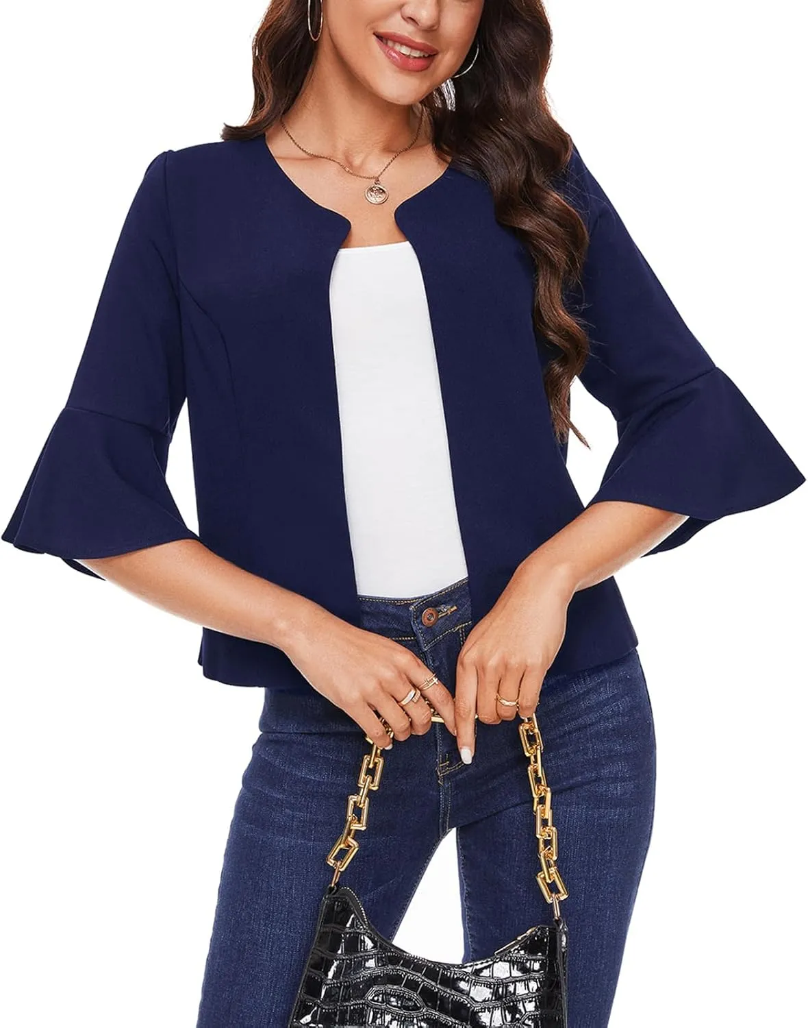 MINTLIMIT Cropped Blazer for Women Casual Elegant Open Front Blazer Flared 3/4 Sleeve Tailored Cardigan Suit Jacket