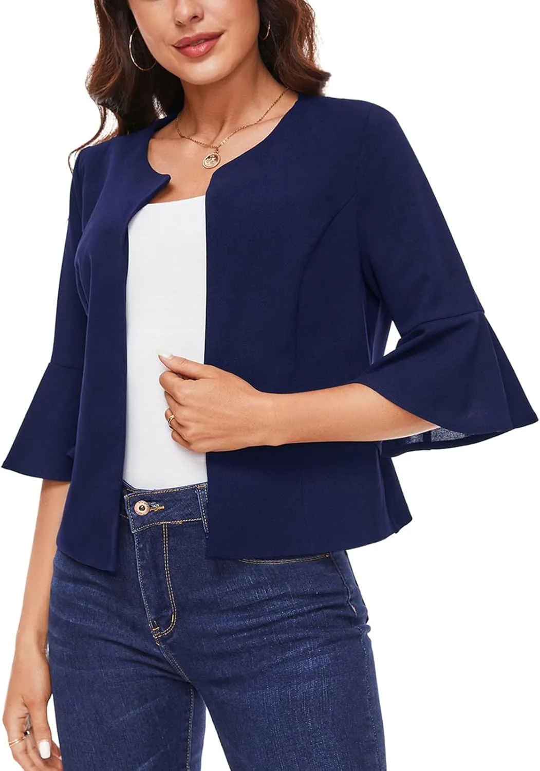 MINTLIMIT Cropped Blazer for Women Casual Elegant Open Front Blazer Flared 3/4 Sleeve Tailored Cardigan Suit Jacket