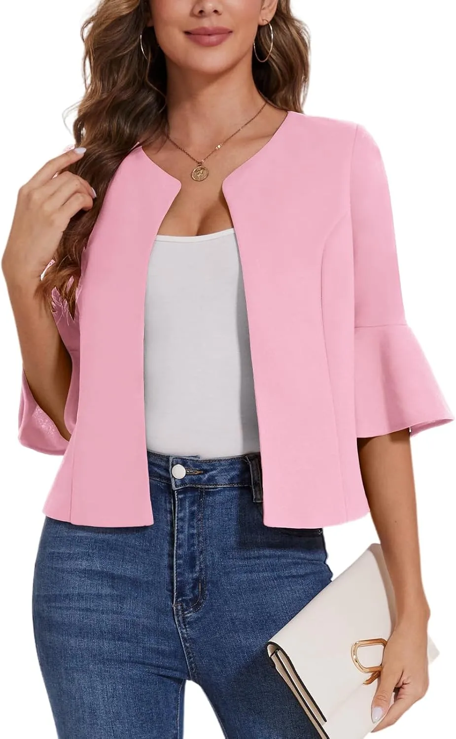 MINTLIMIT Cropped Blazer for Women Casual Elegant Open Front Blazer Flared 3/4 Sleeve Tailored Cardigan Suit Jacket