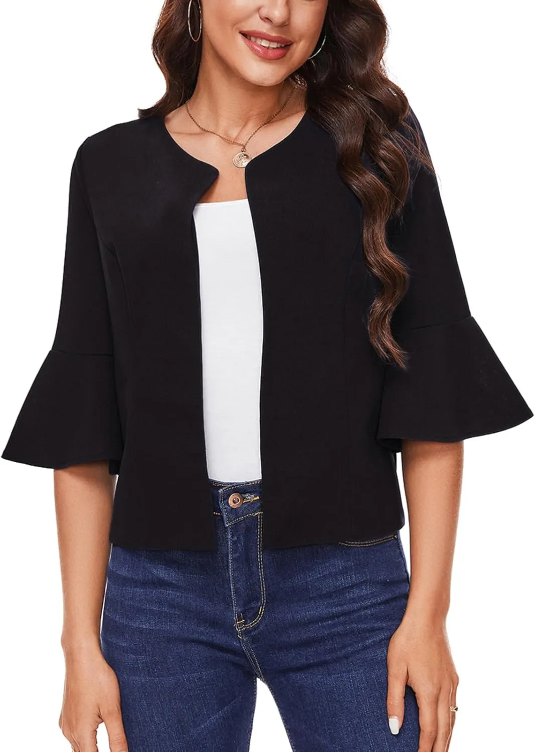 MINTLIMIT Cropped Blazer for Women Casual Elegant Open Front Blazer Flared 3/4 Sleeve Tailored Cardigan Suit Jacket