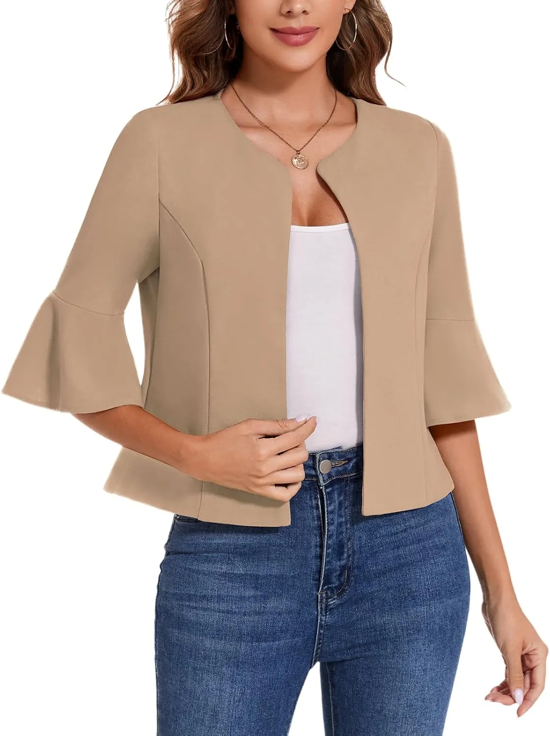 MINTLIMIT Cropped Blazer for Women Casual Elegant Open Front Blazer Flared 3/4 Sleeve Tailored Cardigan Suit Jacket
