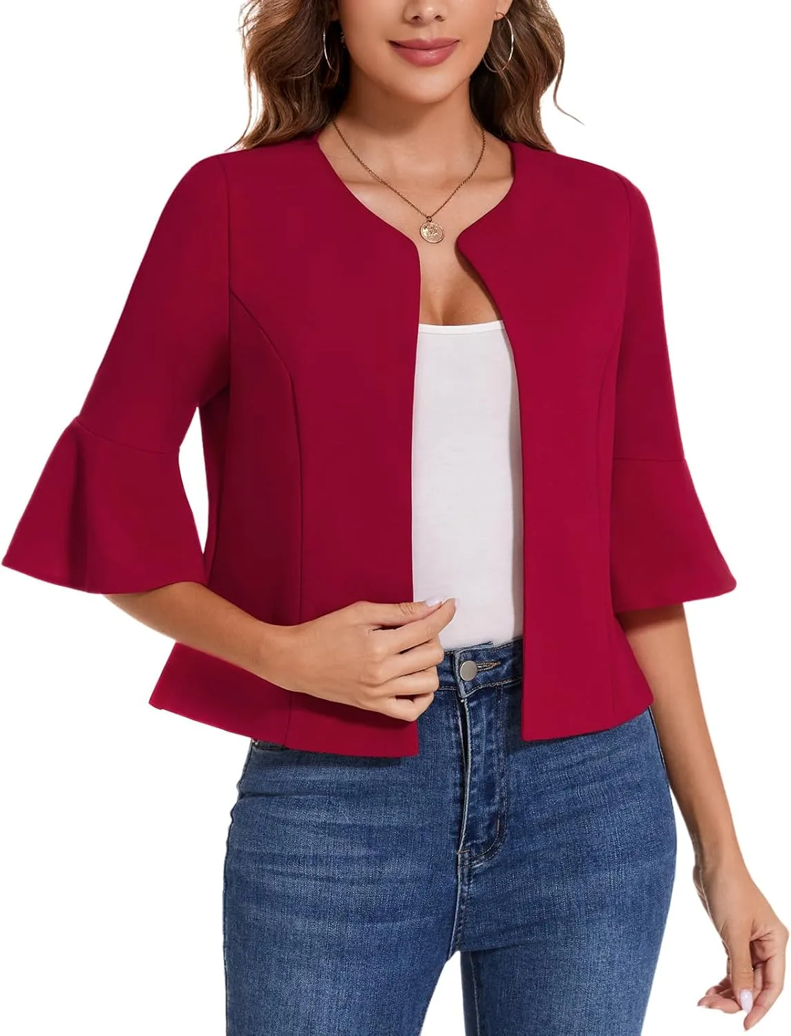 MINTLIMIT Cropped Blazer for Women Casual Elegant Open Front Blazer Flared 3/4 Sleeve Tailored Cardigan Suit Jacket