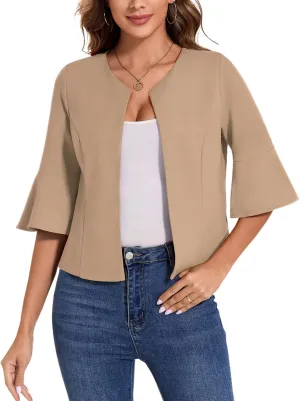 MINTLIMIT Cropped Blazer for Women Casual Elegant Open Front Blazer Flared 3/4 Sleeve Tailored Cardigan Suit Jacket