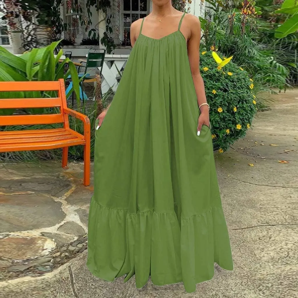 NaRHbrg Plus Size Women's Casual Loose Sundress Long Dress Sleeveless Maxi Dresses Summer Beach Flowy Dress with Pockets