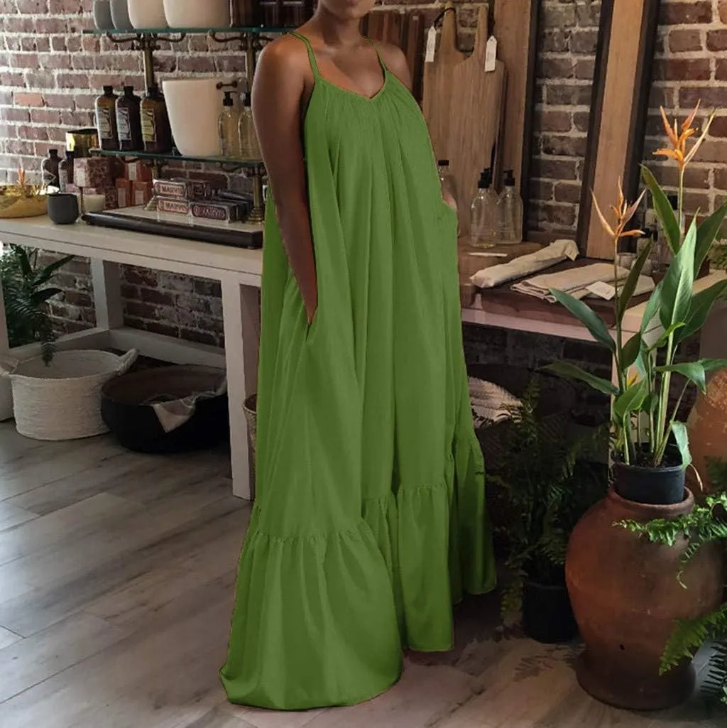 NaRHbrg Plus Size Women's Casual Loose Sundress Long Dress Sleeveless Maxi Dresses Summer Beach Flowy Dress with Pockets