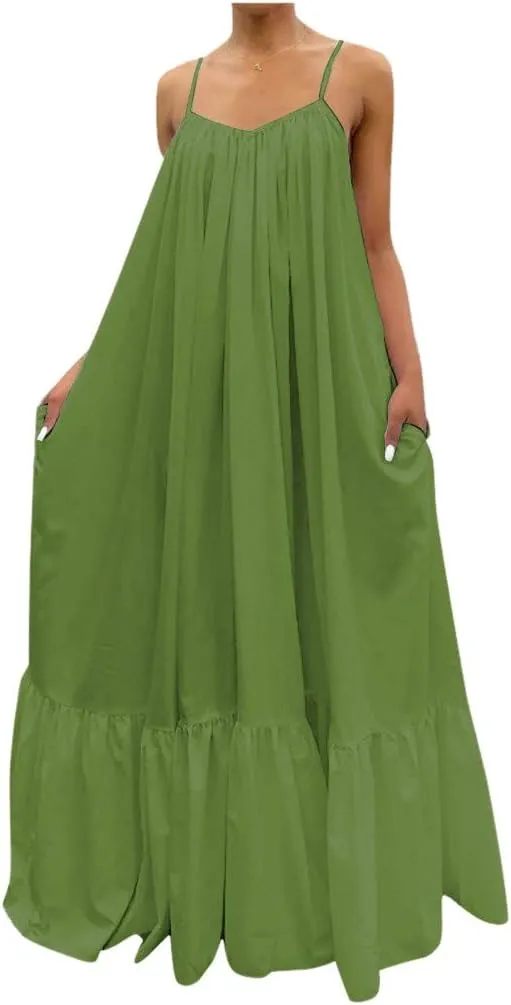 NaRHbrg Plus Size Women's Casual Loose Sundress Long Dress Sleeveless Maxi Dresses Summer Beach Flowy Dress with Pockets