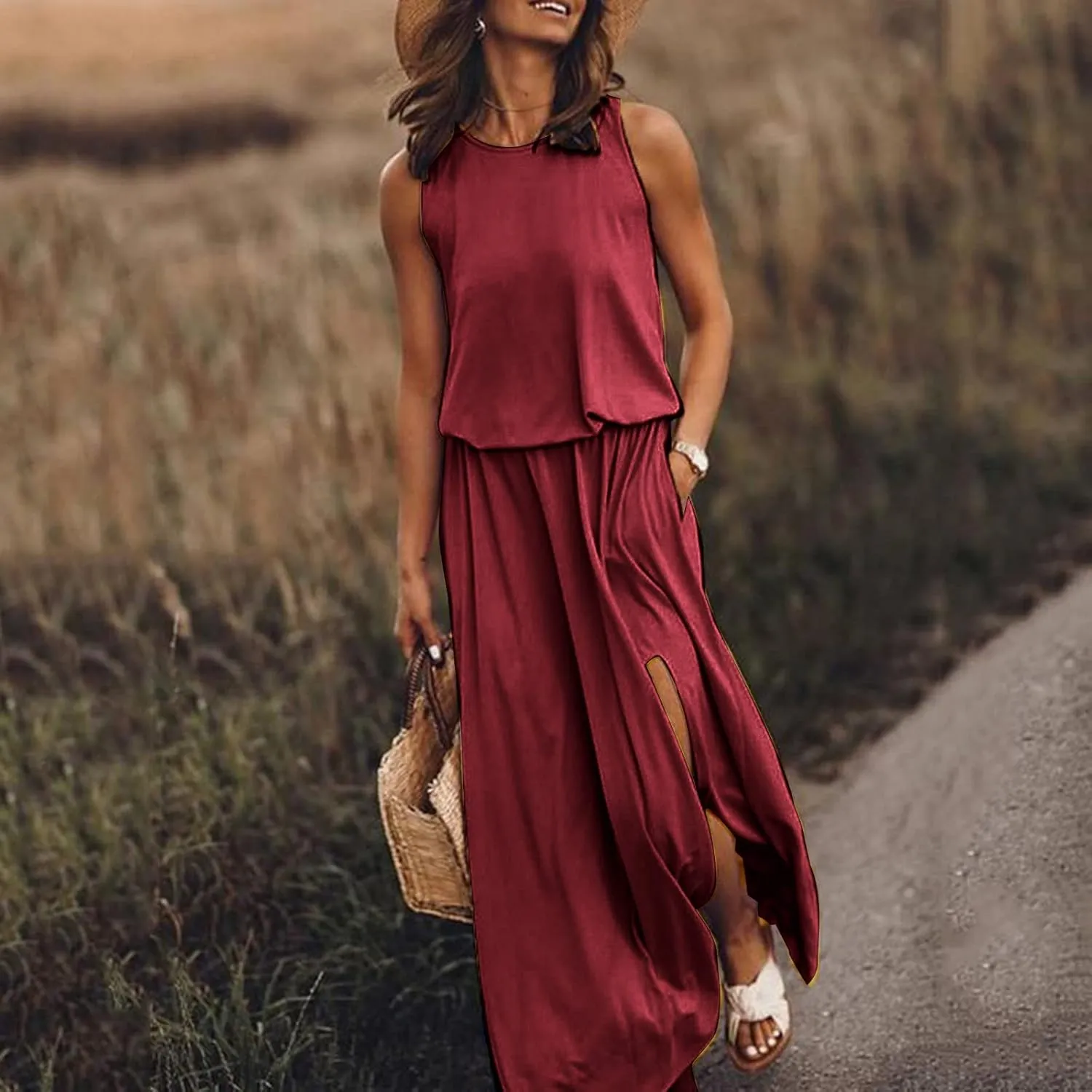 NaRHbrg Women Summer Dresses Sleeveless Casual Summer Maxi Dress Smocked Flowy Irregular Hem Sundresses Beach Long Tank Dress