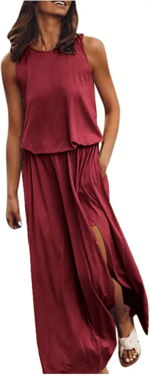 NaRHbrg Women Summer Dresses Sleeveless Casual Summer Maxi Dress Smocked Flowy Irregular Hem Sundresses Beach Long Tank Dress