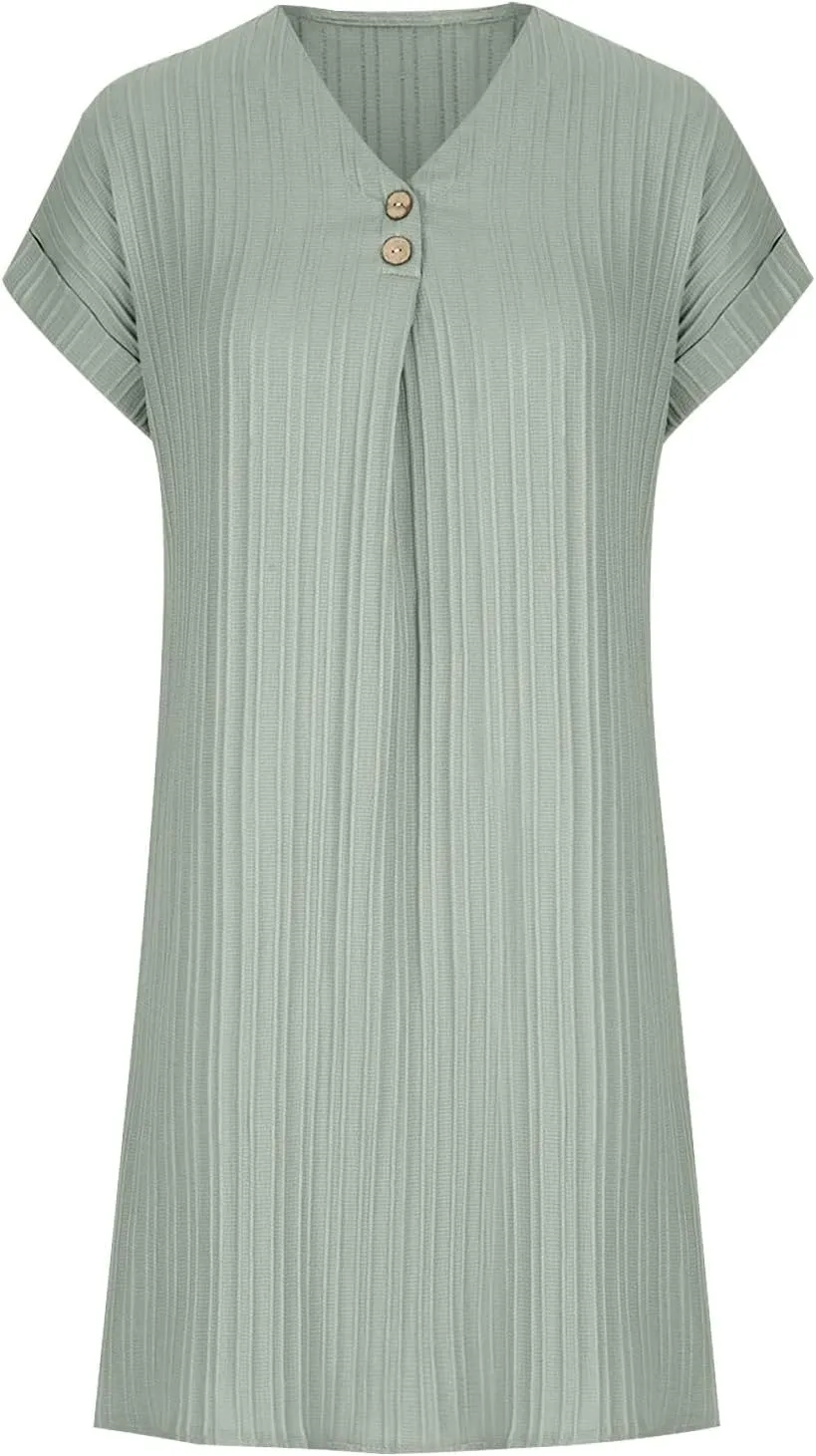 NaRHbrg Women's Casual V Neck Button Dress Short Sleeve Loose Fit Summer Dresses Beach Cover Up Tunic Shirt Dress