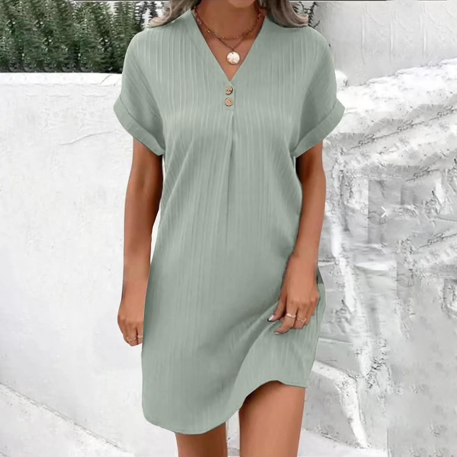 NaRHbrg Women's Casual V Neck Button Dress Short Sleeve Loose Fit Summer Dresses Beach Cover Up Tunic Shirt Dress