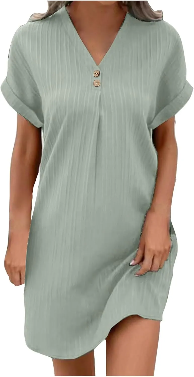 NaRHbrg Women's Casual V Neck Button Dress Short Sleeve Loose Fit Summer Dresses Beach Cover Up Tunic Shirt Dress