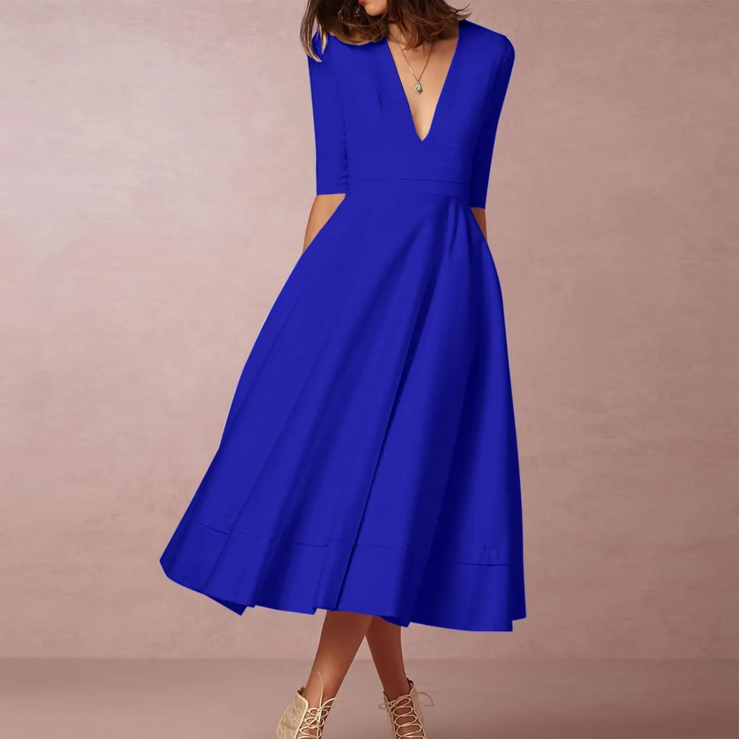NaRHbrg Women's V-Neck Half Sleeve Midi Dress High Waist A-Line Elegant Flowy Party Dresses for Wedding