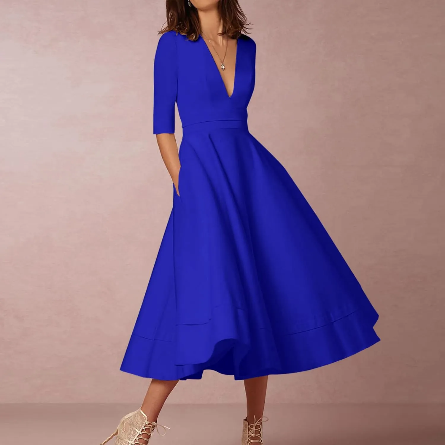 NaRHbrg Women's V-Neck Half Sleeve Midi Dress High Waist A-Line Elegant Flowy Party Dresses for Wedding