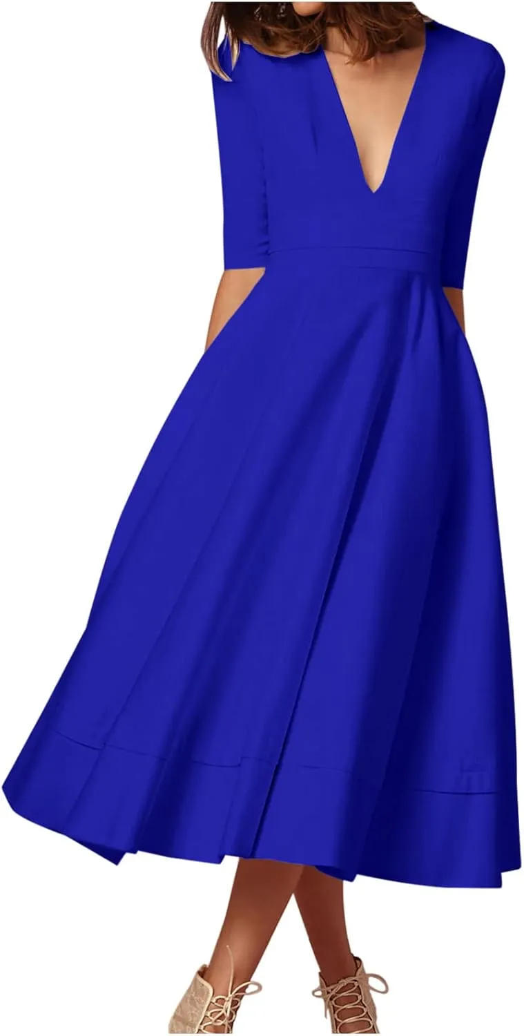 NaRHbrg Women's V-Neck Half Sleeve Midi Dress High Waist A-Line Elegant Flowy Party Dresses for Wedding