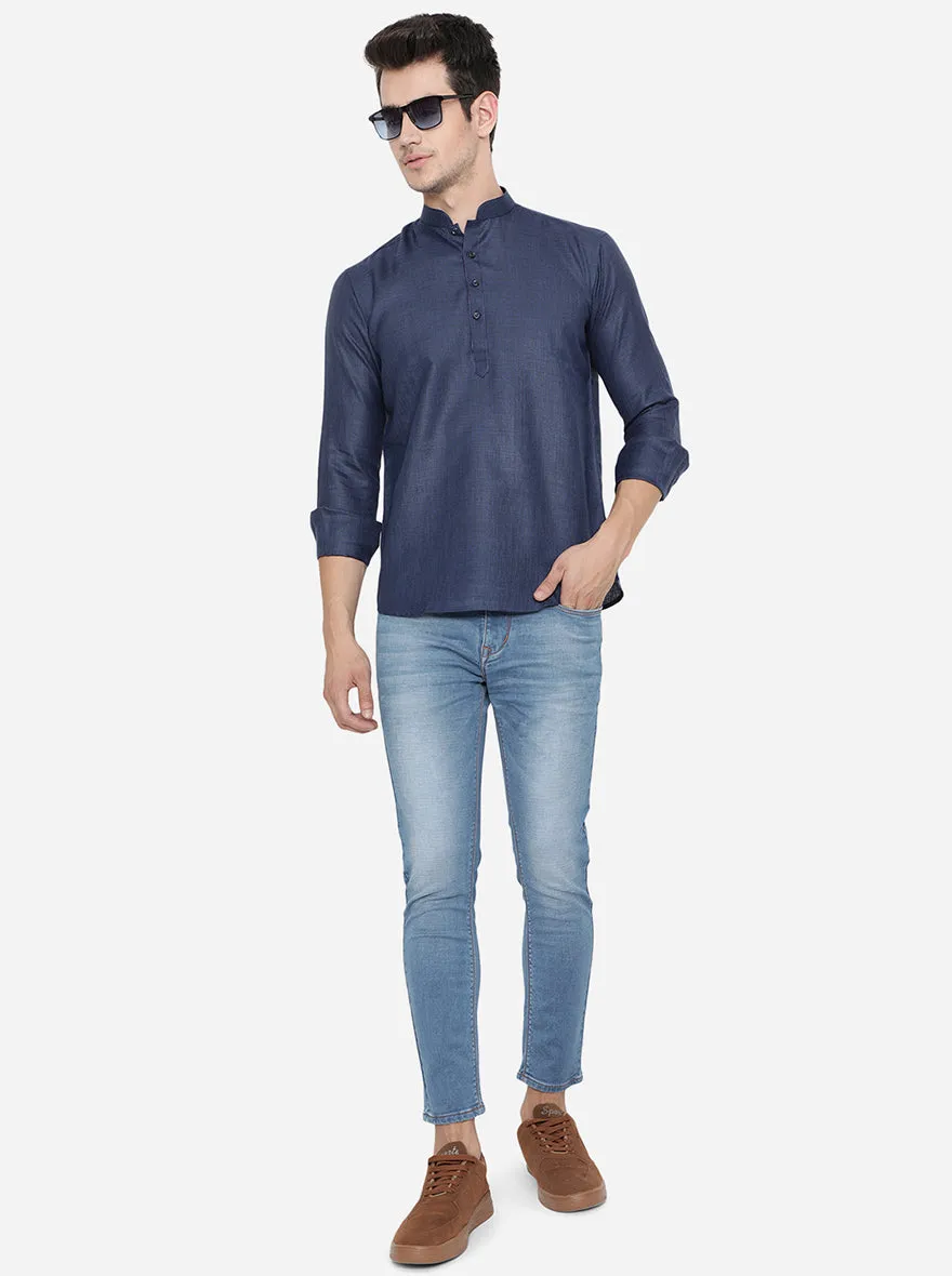 Navy Blue Solid Slim Fit Short Kurta | JB Studio
