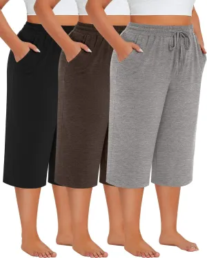 Neer 3 Pack Women's Plus Size Cotton Capris, Stretchy Wide Leg Cropped Pants with Pockets Loose Fit Lounge Pajama Sweatpants
