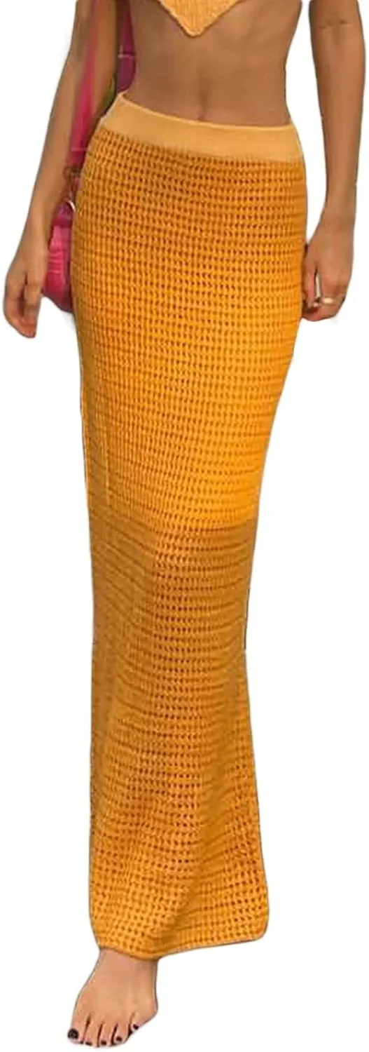 NUFIWI Sexy Crochet Knit Long Skirts Dropped Waist See Through Wrap Midi Skirt Hollow Out Maxi Skirt Beach Cover Up Dress