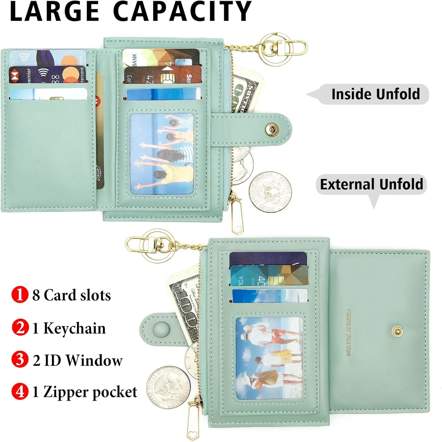 OIDERY Small Wallet For Women RFID Minimalist Credit Card Holder Wallet Slim Leather Keychain Wallet With Zipper Pocket ID Window