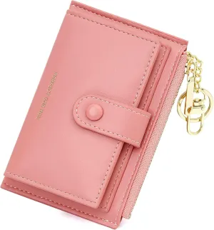 OIDERY Small Wallet For Women RFID Minimalist Credit Card Holder Wallet Slim Leather Keychain Wallet With Zipper Pocket ID Window