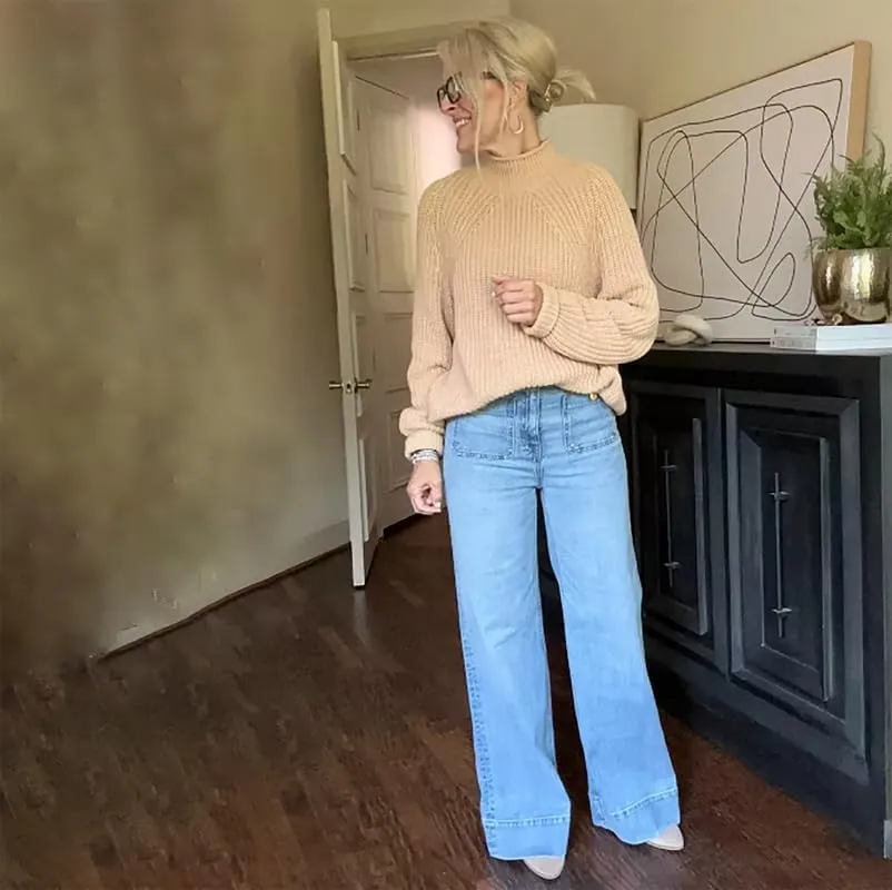Oprah's Favorite - Tummy Control Sailor Wide Leg Trouser, Chiccurva Jeans, Wide Leg Cropped Denim Pants