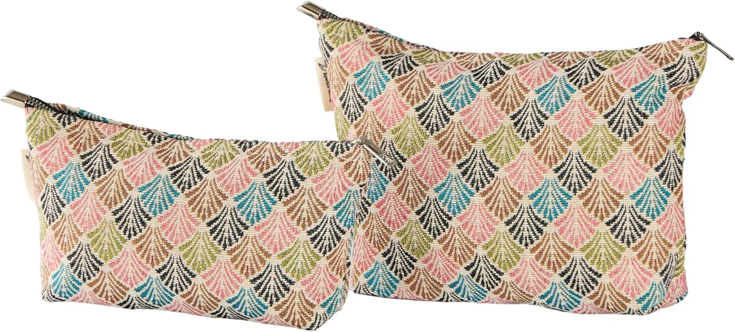 Oriental Waves Print Canvas Makeup Bag for Women Girls, Large Capacity Trendy Travel-Friendly Cosmetic Bag, Secure Metal Zipper Pouch Aesthetic Toiletry Bag Organizer (Set of 2)