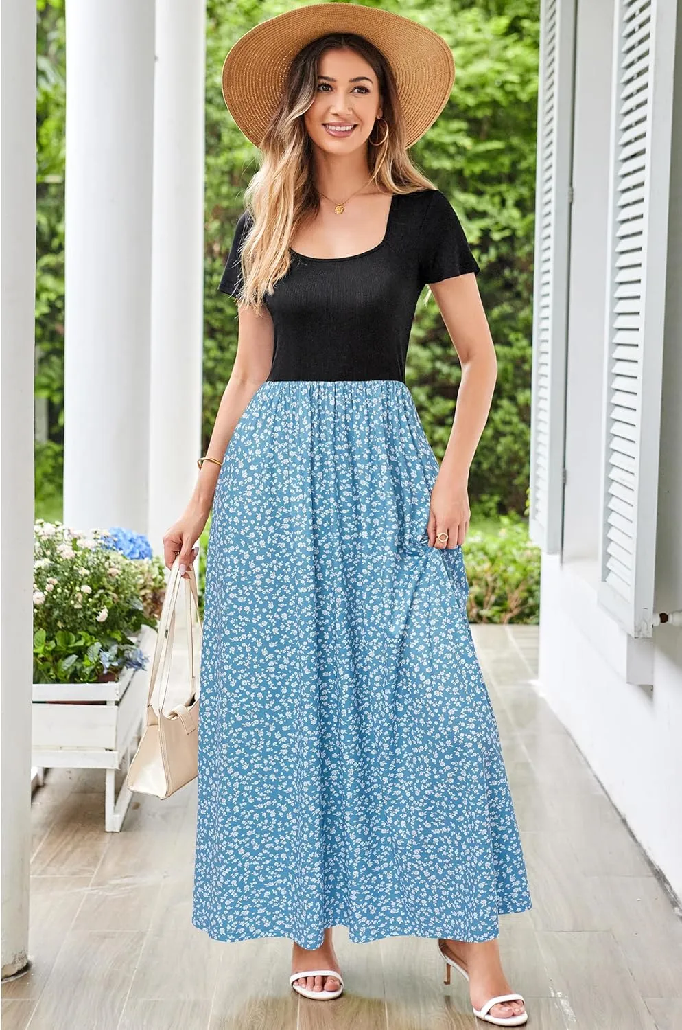 OUGES Womens 2024 Summer Maternity Maxi Dress for Photoshoot Short Sleeve Baby Shower Casual Long Dress with Pockets