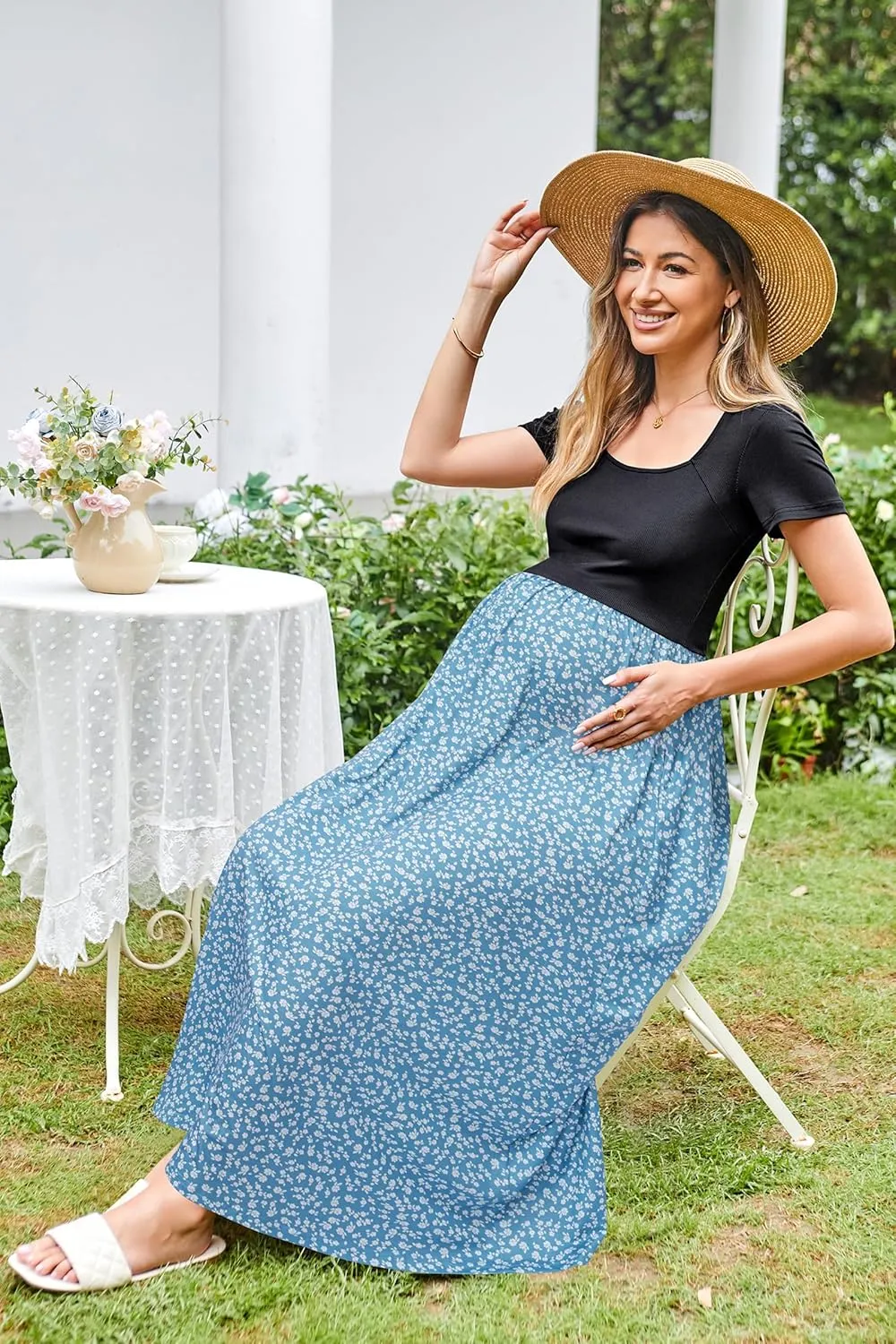 OUGES Womens 2024 Summer Maternity Maxi Dress for Photoshoot Short Sleeve Baby Shower Casual Long Dress with Pockets