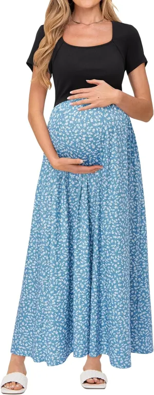 OUGES Womens 2024 Summer Maternity Maxi Dress for Photoshoot Short Sleeve Baby Shower Casual Long Dress with Pockets