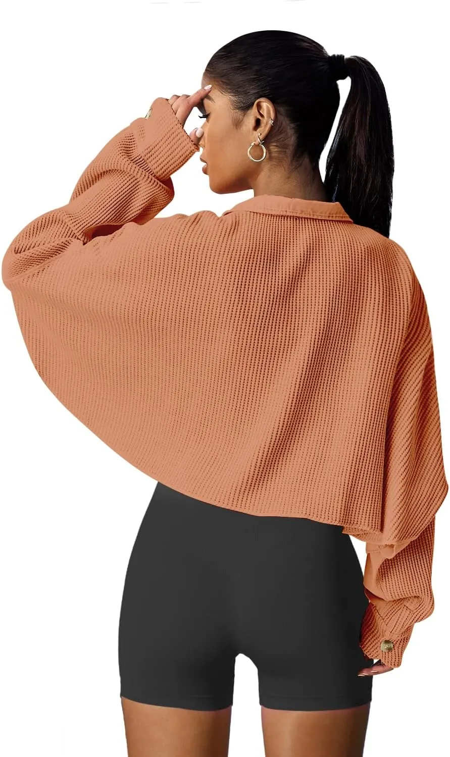 Panadila Women's Cropped Waffle Knit Shacket Short Button Down Jacket Batwing Sleeve Shirts with Pocket