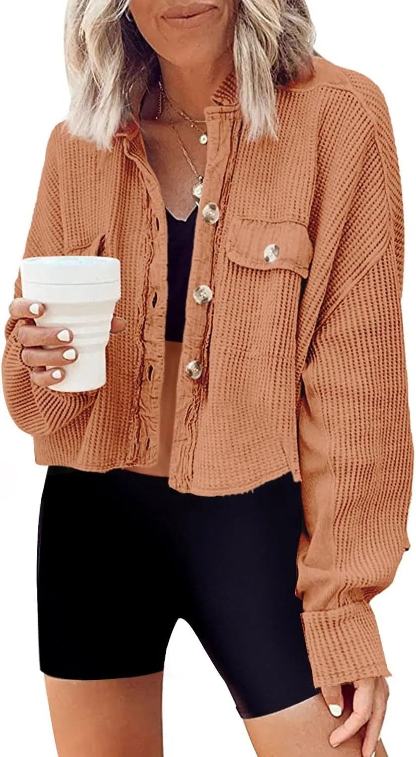 Panadila Women's Cropped Waffle Knit Shacket Short Button Down Jacket Batwing Sleeve Shirts with Pocket