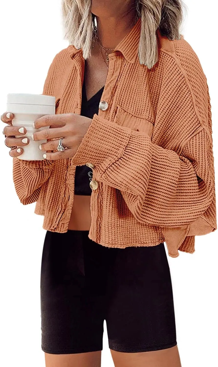 Panadila Women's Cropped Waffle Knit Shacket Short Button Down Jacket Batwing Sleeve Shirts with Pocket