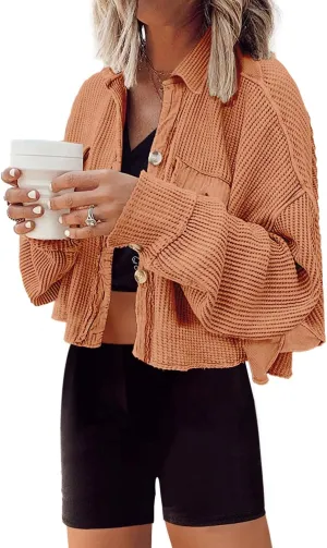 Panadila Women's Cropped Waffle Knit Shacket Short Button Down Jacket Batwing Sleeve Shirts with Pocket