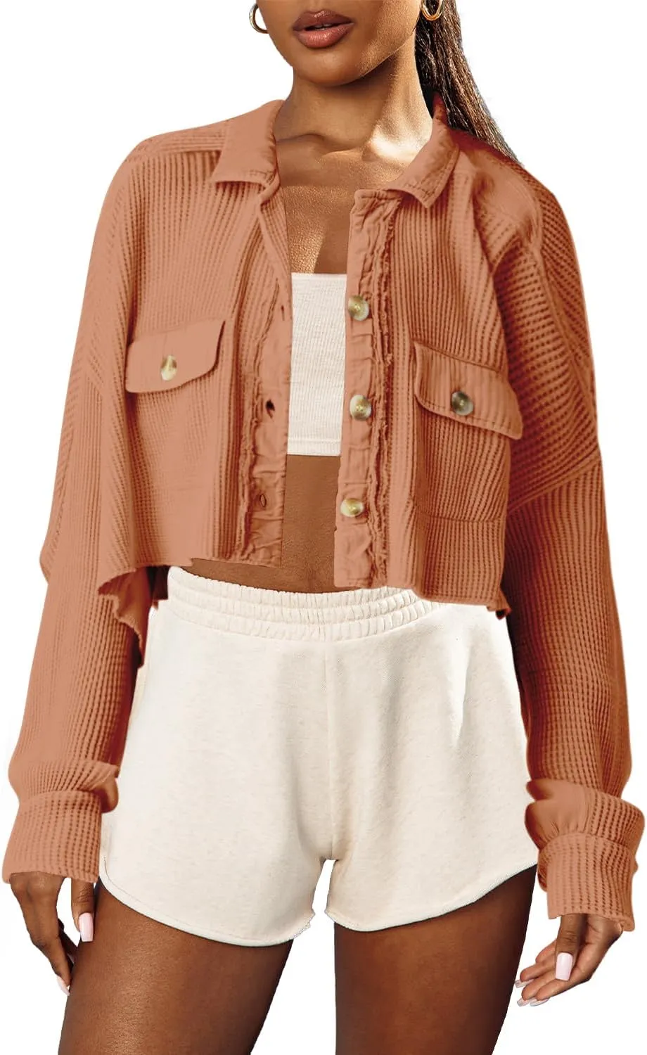 Panadila Women's Cropped Waffle Knit Shacket Short Button Down Jacket Batwing Sleeve Shirts with Pocket