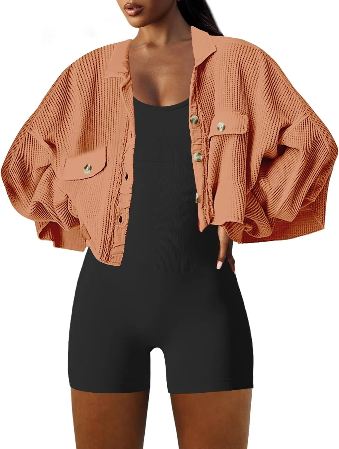 Panadila Women's Cropped Waffle Knit Shacket Short Button Down Jacket Batwing Sleeve Shirts with Pocket