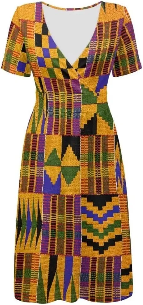 Pinupub Women Short Sleeve Wrap V Neck Dress Novelty Cute Graphic Casual Aloha Luau Party Dresses