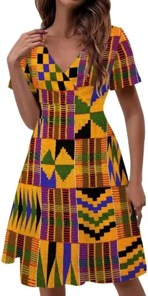 Pinupub Women Short Sleeve Wrap V Neck Dress Novelty Cute Graphic Casual Aloha Luau Party Dresses