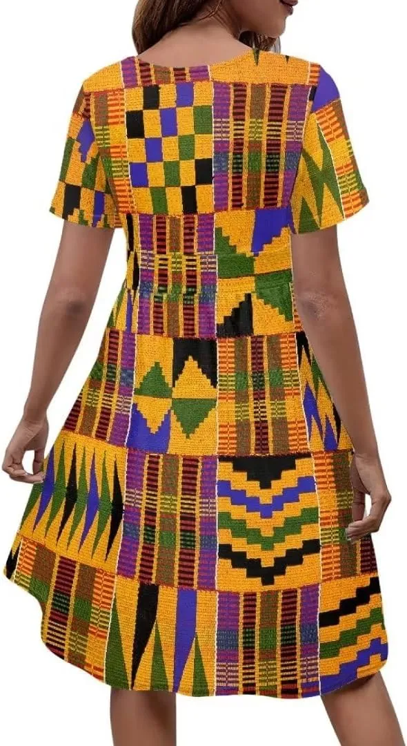 Pinupub Women Short Sleeve Wrap V Neck Dress Novelty Cute Graphic Casual Aloha Luau Party Dresses