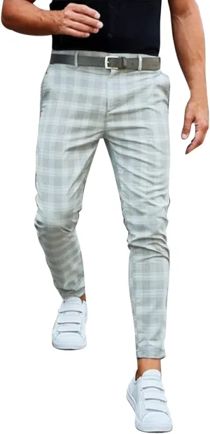Plaid Pants for Men Slim Fit Fashion Skinny Stretch Dress Pants Casual Business Suit Pants Flat-Front Chinos Trousers Blue