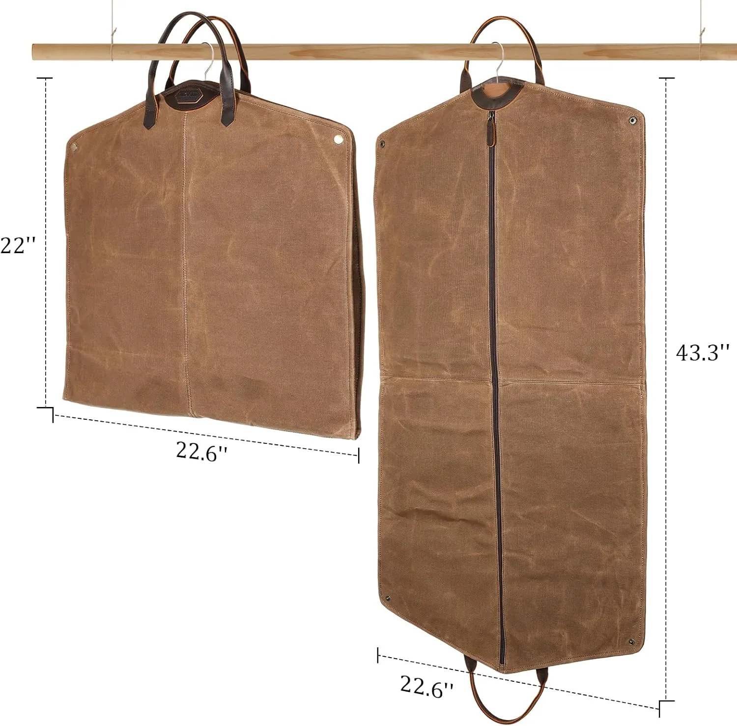 Polare 43 Waxed Canvas Full Grain Leather Trim Garment Bag for Travel, Large Carry on Business Suitcase Cover with YKK Zipper, Waterproof Hanging Suit Garment Cover with Handles,1 pack