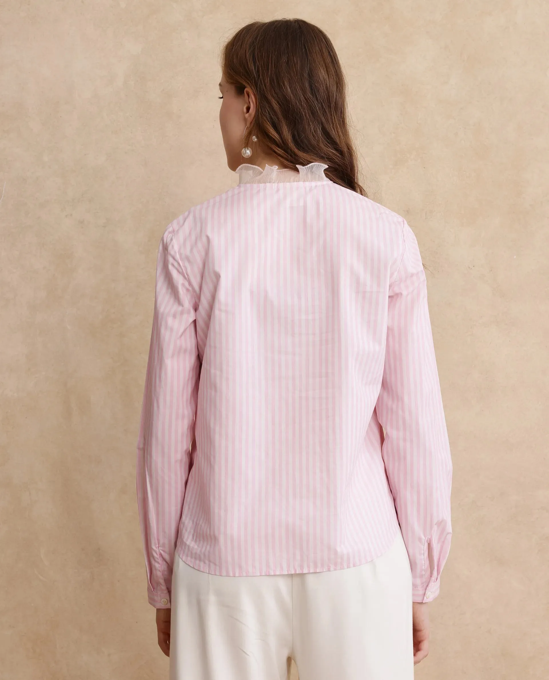 Rareism Women Valencienne Light Pink Cuffed Sleeve Ruffled Neck Regular Fit Plain Shirt