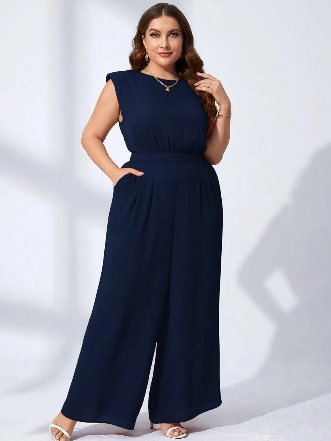 RED DOT BOUTIQUE 708 - Plus Size Round Neck Tank Shoulder Padded Sleeveless Wide Leg Pants Jumpsuit With Pockets