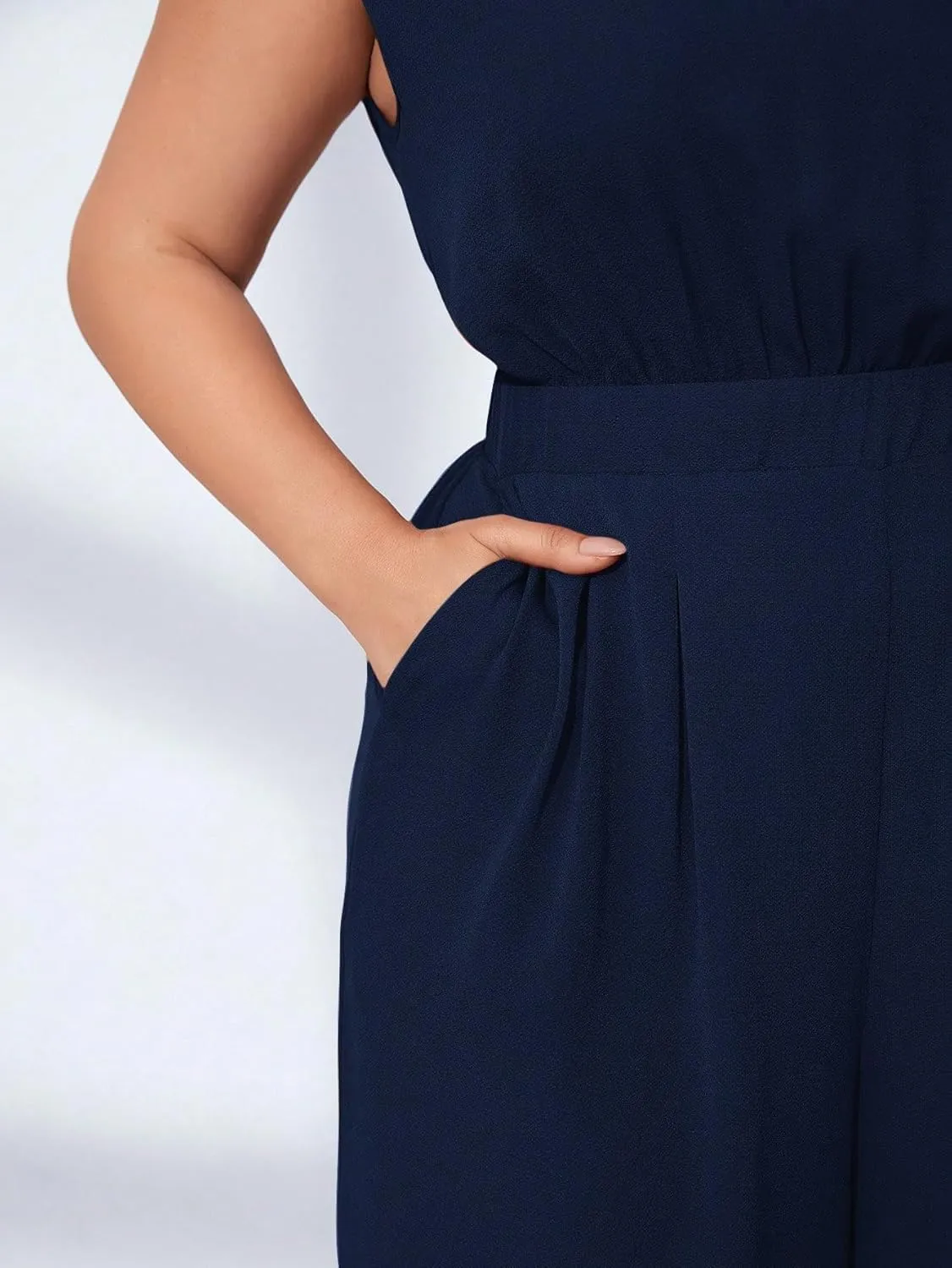 RED DOT BOUTIQUE 708 - Plus Size Round Neck Tank Shoulder Padded Sleeveless Wide Leg Pants Jumpsuit With Pockets