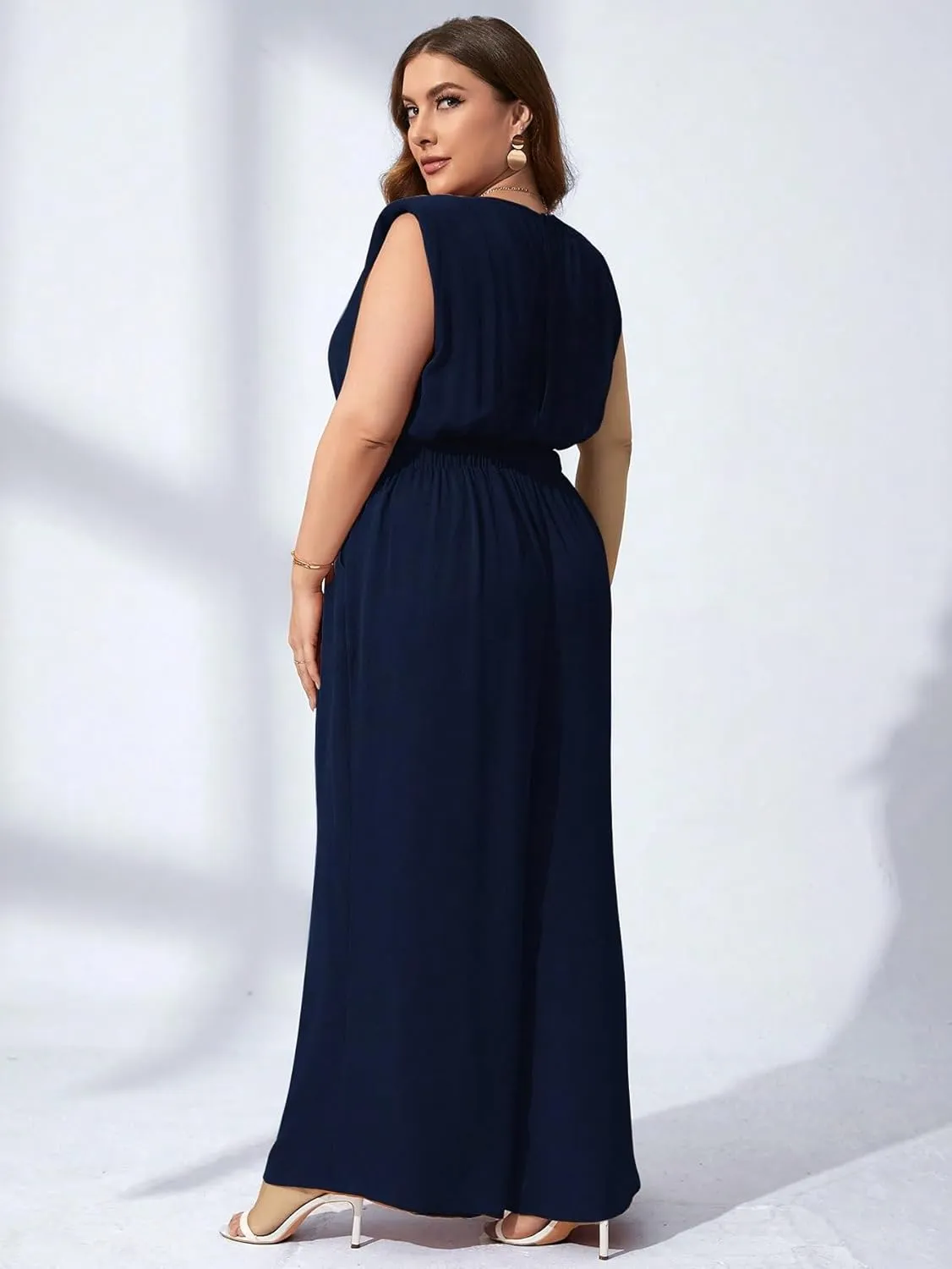 RED DOT BOUTIQUE 708 - Plus Size Round Neck Tank Shoulder Padded Sleeveless Wide Leg Pants Jumpsuit With Pockets
