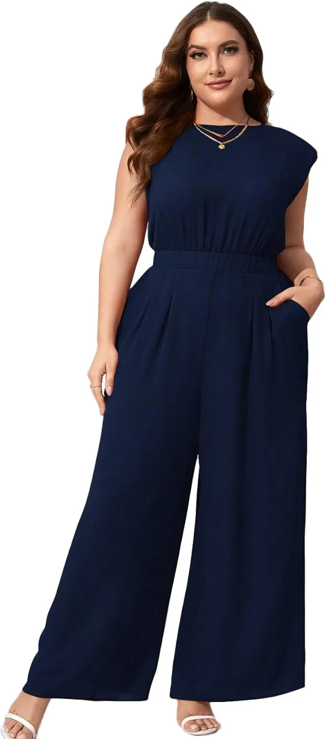 RED DOT BOUTIQUE 708 - Plus Size Round Neck Tank Shoulder Padded Sleeveless Wide Leg Pants Jumpsuit With Pockets