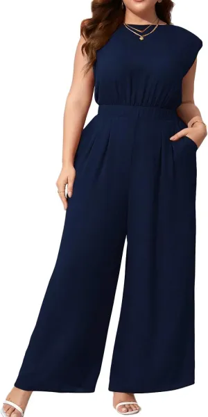 RED DOT BOUTIQUE 708 - Plus Size Round Neck Tank Shoulder Padded Sleeveless Wide Leg Pants Jumpsuit With Pockets