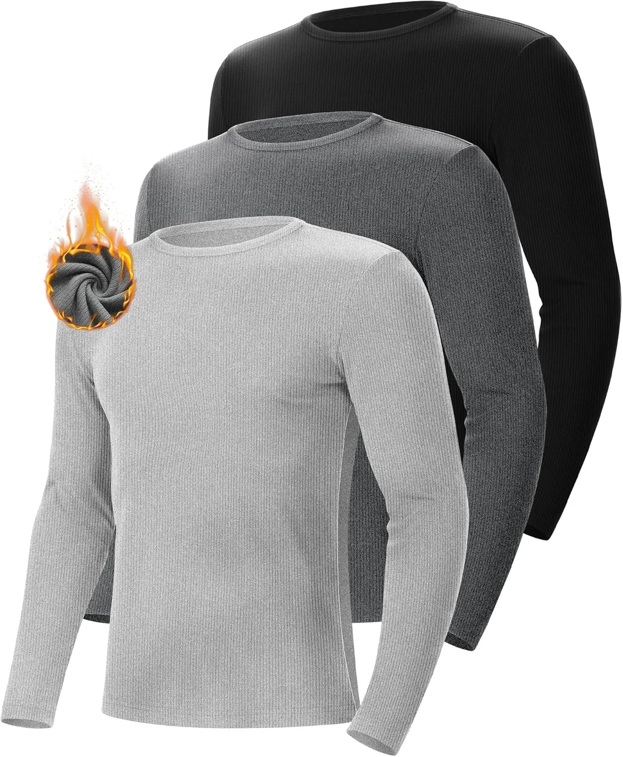 Riyiper 3 Pack Men's Ribbed Thermal Shirts Crew Neck Long Sleeve Tops Winter Stretchy Slim Basic Undershirt
