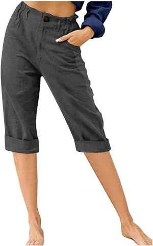RKSTN Linen Pants Women Summer 2025 Capris for Work Casual Cropped Trousers Solid Plain High Waist Straight Pant with Pockets